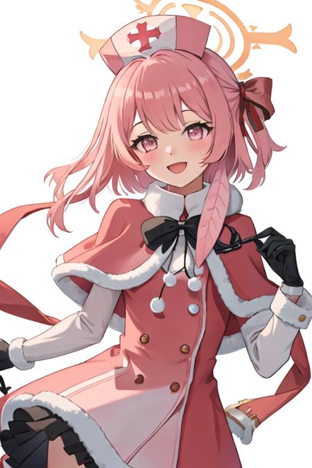 best quality, masterpiece, highres, solo, {serina_bluearchive:1.15}, pink_hair, halo, pink_eyes, hat, blush, smile, ribbon, open_mouth, nurse_cap, bangs, hair_bun, 1girl, beret, black_gloves, capelet, fur_trim, gloves, looking_at_viewer, official_alternate_costume, red_capelet, red_headwear, simple_background, white_background, bow, bell, holding, short_hair