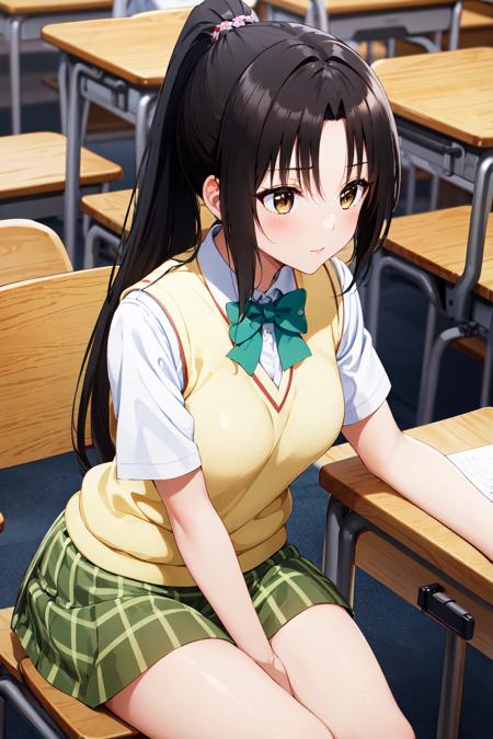 masterpiece, best quality, highres, 1girl, solo, long hair, black hair, ponytail, parted bangs, brown eyes, school uniform, green bowtie, white shirt, short sleeves, sweater vest, yellow vest, plaid skirt, green skirt, <lora:kujou_rin_v1:0.7>, classroom, sitting, desk, chair,