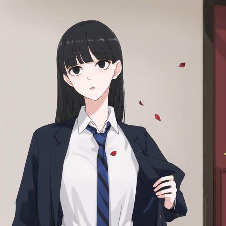 <lora:Jutofe_Akasonu:1.0>, 1girl, adjusting clothes, adjusting necktie, asian, bangs, black eyes, black hair, blue neckwear, blunt bangs, closed mouth, collared shirt, fish, goldfish, head tilt, highres, lips, long hair, looking at viewer, necktie, necktie grab, neckwear grab, nose, petals, realistic, shirt, solo, striped, striped neckwear, upper body, white shirt, wing collar