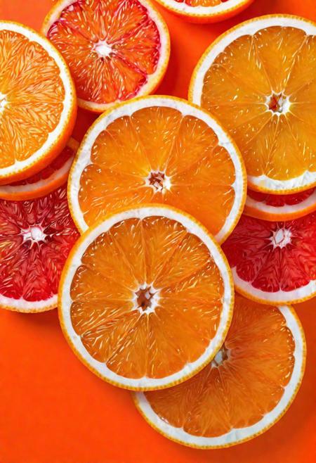 Captivating close-up shot of fresh orange slices, with a dynamic splash of vibrant orange juice adding a sense of energy and movement to the frame. The image highlights the intricate texture and deep, warm orange color of the fruit's skin, set against a vibrant orange color tone. This high-speed photograph captures the beauty of the oranges in stunning detail, showcasing the allure of fresh fruit and the artistry of food photography.