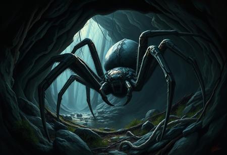 gigantic wolf spider, hiding in a deep forest cave. Dark fantasy painting style. Photorealistic. Heavy contrast.