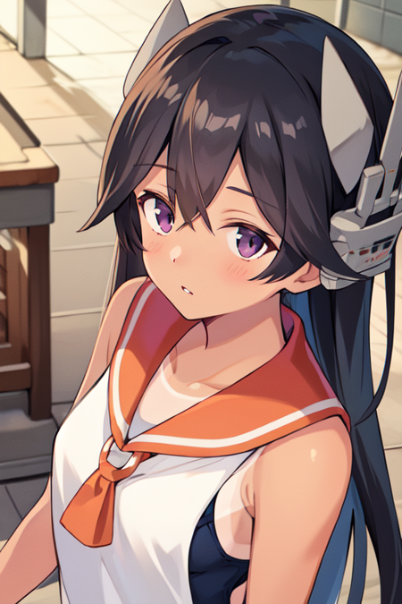 I400KC, long hair, white shirt, sleeveless,one-piece swimsuit, bare arms, sleeveless shirt, headgear, school swimsuit, tan, tanlines, swimsuit under clothes, sailor shirt, orange sailor collar