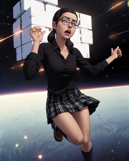 (masterpiece, best quality, high resolution:1.3), 
<lora:c455gTS4-10:0.6> c455gts4, ((black) twin side ponytails:1.4), glasses, (cheekbones, pale skin, long face, slim:1.5), (black long-sleeved button-up blouse:1.4), plaid skirt, socks, loafers, ((confused|terrified) expression:1.4), alone, (free floating in outer space:1.6),