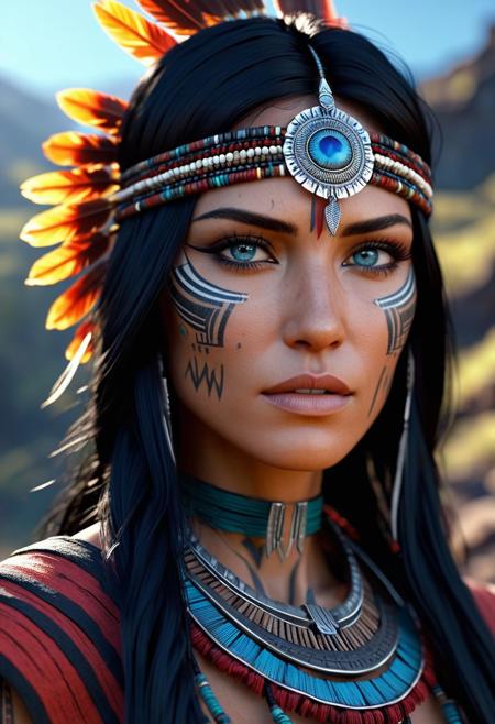 High resolution ultra-realistic of Mysterious beautiful native American with black hair, utra-realistic body, 8k, fantasy style, bright forest, colorful ruins, cinematic lighting, bright colors, sharp focus, dramatic atmosphere, Realistic beautiful blue eyes, female native American, Intricately Designed body covered in traditional outfit, beautiful, Silent Stance, CGSociety, slim body, perfect skinny figure, beautiful perfect detailed pupils, ultra quality, Cinematic Lighting, defiant, 8K, full body, full-figured, full frame, tribal tattoos,