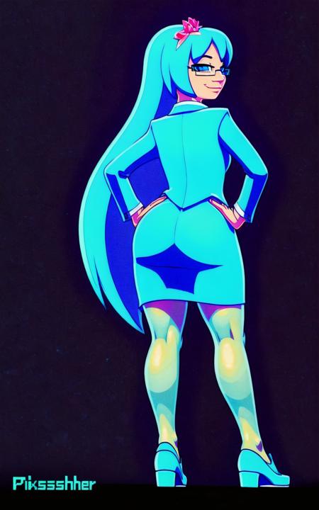 8k.4k,((Best quality, masterpiece, ultra high resolution)),((full body)),standing, by pixelsketcher, <lora:Inki:1>,inki,long hair,  blue eyes, hair ornament, pantyhose, dress, aqua dress,aqua shoes,(hands on hips, aqua pantyhose,black background),glasses, blazer, aqua blazer, layered clothing, under-rim eyewear, aqua hair,human, neon lights,rear view ,smile