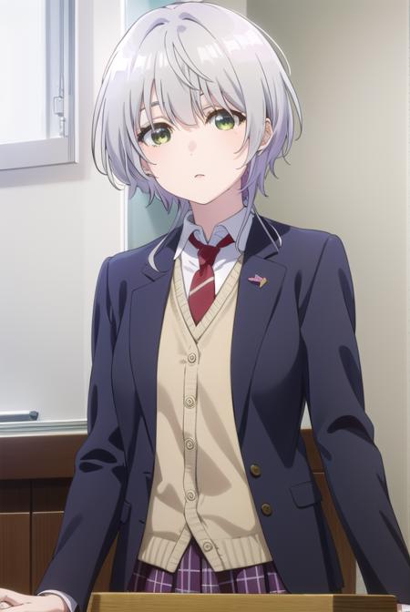 fuukakikuchi, <lora:fuuka kikuchi s1-lora-nochekaiser:1>,
fuuka kikuchi, short hair, bangs, hair between eyes, (green eyes:1.3), grey hair,
BREAK skirt, shirt, long sleeves, school uniform, jacket, white shirt, pleated skirt, necktie, collared shirt, plaid, plaid skirt, blazer, red necktie,
BREAK indoors, classroom,
BREAK looking at viewer,
BREAK <lyco:GoodHands-beta2:1>, (masterpiece:1.2), best quality, high resolution, unity 8k wallpaper, (illustration:0.8), (beautiful detailed eyes:1.6), extremely detailed face, perfect lighting, extremely detailed CG, (perfect hands, perfect anatomy),