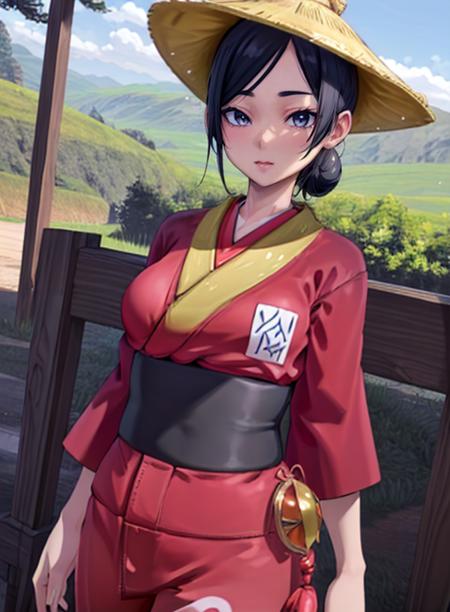 best quality, (masterpiece),(ultra-detailed), (high quality), (high resolution),<lora:add_detail:0.5> , <lora:wandapkm-10:0.7>,wanda,black hair, single hair bun, large breasts,kimono, pants,hat,upper body, looking at viewer,