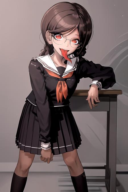 masterpiece, best quality, highres,<lora:GenocideJackDG:1>  , 1girl, solo, skirt, school uniform, neckerchief, pleated skirt, long sleeves, sailor collar, looking at viewer, black skirt, red neckerchief, black shirt, glasses, tongue out, close-up, bent over, arm support, desk,   <lora:kimHyungTaeStyleLORA_kimhyungtae000008:1>