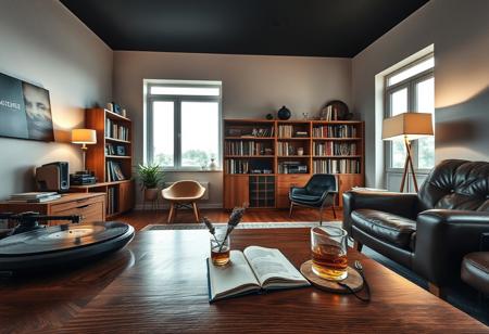 Sleek vintage-themed decor. Shot on a Fujifilm GFX 100S, soft contrast, balanced exposure, ISO 800. GF 45mm f/2.8 lens. Wide-angle shot, minimalist composition. Soft lighting with natural highlights.
A refined retro living space with a minimalist approach—clean lines, mid-century furniture, and a subtle color palette. A large picture window floods the room with soft light, reflecting off a polished wooden coffee table with intricate grain. The air carries the scent of aged books and freshly brewed tea, mingling with the musk of vintage upholstery.
A curated collection of vinyl records and retro cameras lines open shelves, organized by era. A classic table lamp casts a warm glow, while the dark ceiling adds sophistication. A turntable spins beside a row of worn hardcover books. A ceramic vase with dried lavender rests on a side table, adding rustic charm.
Furniture is arranged thoughtfully, each piece serving a purpose. A deep leather lounge chair sits in one corner, its surface softened by time. A minimalist floor lamp casts a golden glow over an open notebook and reading glasses. A glass of whiskey with a melting ice cube sits on a coaster, left in a moment of reflection. The uncluttered foreground allows the space to breathe, evoking nostalgia and timeless charm. The soft hum of a radio playing slow jazz completes the serene atmosphere.