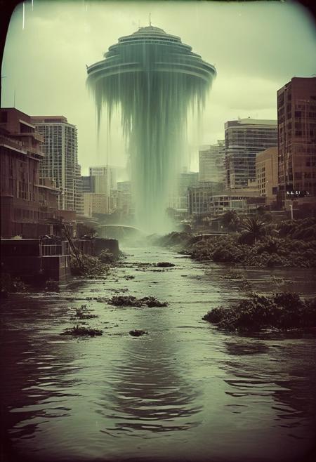 ()Hyoer Realistic:2.0)Polaroid picture 
an image of 
A futuristic, post-apocalyptic Phoenix, Arizona, transformed into a waterland by a massive tsunami. Towering waves crash against the city's skyscrapers, as the once-thriving desert landscape is now a network of canals and waterways, reminiscent of Venice. The air is filled with the sound of rushing water and the cries of seagulls, as the city's inhabitants adapt to their new aquatic environment. The atmosphere is one of surreal wonder, as the desert blooms with marine life, and the city's architecture blends seamlessly with the ocean's fury
