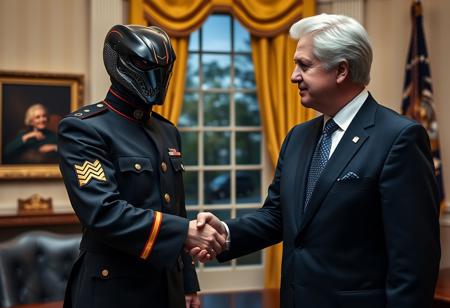 cobra commander in an immaculate military dress uniform posing for photo shaking hands with president clinton of the united states in sharp suit inside the oval office, real photograph,  dark empty eyes, demonic, photorealistic, correct hands, correct fingers, presidential seal, vote button, campaign photo, election, elegant scene