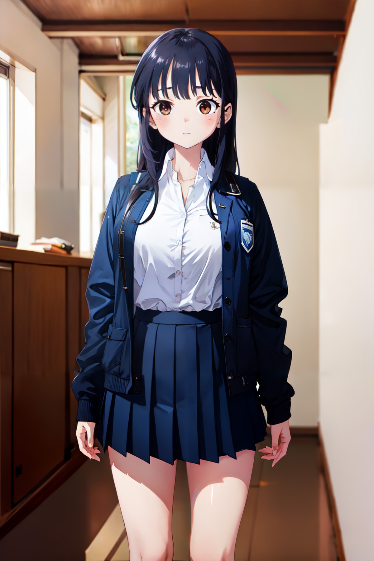 1girl, Yamada Anna, long hair, dark blue jacket, white collared shirt, partially unbuttoned, dark blue pleated skirt, scho...