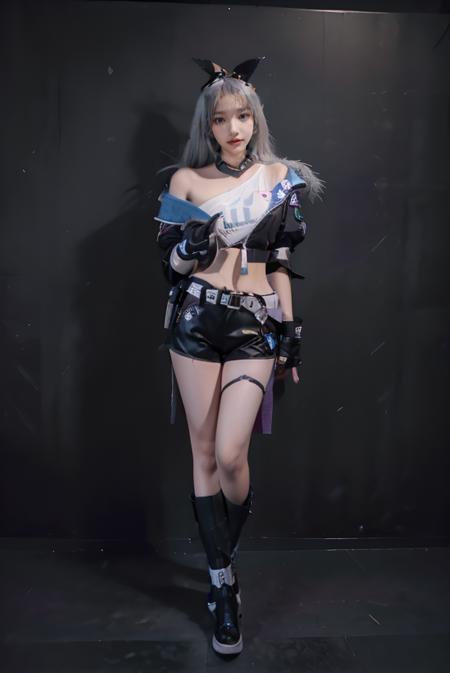 ((masterpiece:1.5)), ((best quality:1.5)), ((detailed)), ((realistic:1.2)), ((Hi-Res lossless)), ((nikon RAW photo, 8K, Fujifilm XT3, HDR10+, high resolution, depth of field, huge filesize, low-angle shot)), (1girl, solo, standing straight:1.3), ((((full body:1.5), (medium breast:1.4), (slender body:1.3), body height 150 cm, body weight 40 Kg, realistic body, 18 years old, teen, cool))), perfect anatomy, perfect body, perfect hands, perfect feet, perfect eyes, realistic eyes, realistic anatomy, perfect fingers, realistic hands, realistic fingers, realistic legs, detailed body, detailed face, detailed hands, detailed fingers, (photorealistic:1.4), photorealism, photography, hyperrealistic, hyperdetailed, lots of details, extremely amazing finely detail, shoot by professional, professional photography, studio lighting, professional tuned lighting, indoor, photo studio, dark room, perfection, flawless, best of the best, professional model, photo model, tuned by professional, lustful woman, arroused, seduced, flirty, orgasm face, horny, seductive expression, hot girl, seductive, tempt, naughty, cute, virgin, sexy, looking at viewer, extremely delicate beautiful, a dashing collected professional beauty woman, beautiful body, beautiful hands, beautiful fingers, beautiful legs, beautiful arms, beautiful face, beautiful eyes, ((Luxury black diamond wall background)), realistic shadow, realistic texture, realistic lighting, path tracing, ray tracing, <lora:Javanese_Girl_V3:0.7>, <lora:starrail_silverwolf_cosplay_v2:0.6> silverwolf cosplay costume, cosplay, silverwolf, white hair, hair bow, eyewear on head, hair ornament, jacket, shorts, cropped shirt, belt, fingerless gloves, bandaid, single fishnet legwear, thigh strap, boots