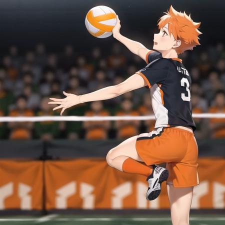 <lora:Shoyo Hinata:0.6>,Shoyo Hinata,ultra detailed face,1boy,playing voleyball,spiking the ball in air,over the net,jumping,short orange hair,volleyball outfit,focused look,side view,short neck,pointy chin,cat eyes,full body,receving the ball with his hands