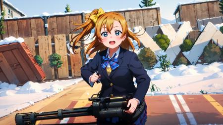 1girl,solo,kousaka honoka,(yellow hair bow:1.2), one side up, orange hair, medium hair,kirt, bow, school uniform,blue eyes,blue jacket, blazer,m134minigun,holding gun,aiming,snow,winter,outdoors,<lora:m134v51024:.8>,<lora:HonokaLL_v1:.8>