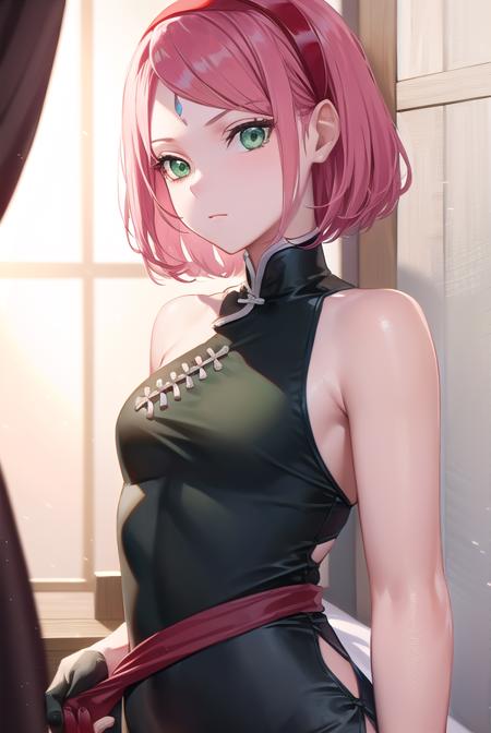 sakuraharuno, <lora:sakuraharunov2-lora-nochekaiser:1>,
sakura haruno, short hair, bangs, (green eyes:1.5), pink hair, hairband, facial mark, (forehead mark:1.2), red hairband, (swept bangs:1.5), (small breast:1.2),
BREAK chinese clothes, dress, (red dress:1.2), short skirt, black shorts, gloves, black gloves, sleeveless,
BREAK looking at viewer,
BREAK indoors, bed,
BREAK <lyco:GoodHands-beta2:1>, (masterpiece:1.2), best quality, high resolution, unity 8k wallpaper, (illustration:0.8), (beautiful detailed eyes:1.6), extremely detailed face, perfect lighting, extremely detailed CG, (perfect hands, perfect anatomy),