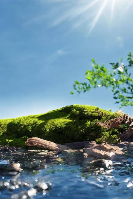 <lora:moss_v2-000001:0.8>,moss\(style\),(blue sky),clouble,sunlight,no humans,scenery,water,stone,tree-root carving,inverted image,day,moss,