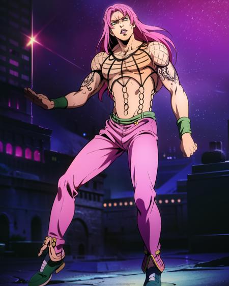 (8k, best quality, masterpiece:1.2), (finely detailed), diavolojojo, solo, araki hirohiko (style), 1boy, green eyes, pink hair, hair spots, pants, shoes, pose, solo, fishnet top, tattoo, masterpiece, best quality, ultra-detailed detailed, detailed digital artwork, hi res,  detailed background, photo background, coliseum, interior, night,(full body focus), official art,extremely detailed CG unity 8k wallpaper, perfect lighting,Colorful, Bright_Front_face_Lighting,shiny skin, (masterpiece:1.0),(best_quality:1.0), <lora:diavolo-7:1>