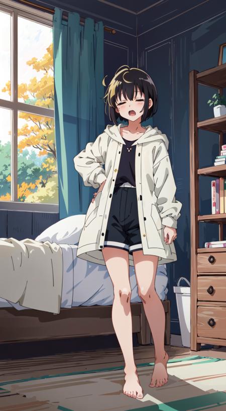 ((masterpiece:1.4, best_quality, ultra-detailed))++, (anime:1.5), 1girl, solo, camisole, sleepy, shorts, standing, indoors, bed, short hair, bob cut, messy hair, barefoot, open mouth, half-closed eyes,