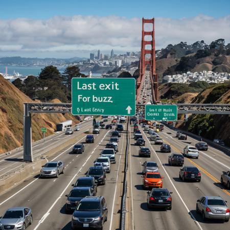 This photograph captures a prominent green highway sign with text "LAST EXIT FOR BUZZ" on a sunny day. The background shows an urban road leading to the Golden Gate Bridge, with the iconic red-orange suspension bridge towering over a busy four-lane highway. Vehicles, including a silver SUV and a blue sedan, are driving on the right lane. In the background, the cityscape of San Francisco is visible with hills and buildings under a partly cloudy sky. The image conveys a bustling urban environment, and the highway sign dominates the scene.