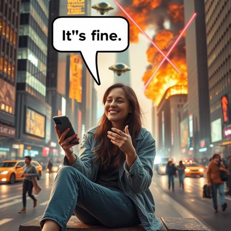 woman sitting in city playing with phone with text bubble above her head saying "It's fine", ((aliens shooting with lasers near her)), relaxed, happy, aliens attacking, chaos around her, people running, buildings burning, dynamic angle, warm hues, realistic, photorealism, hd, 8k, high definition, score_9, score_8_up, score_7_up, score_6_up,