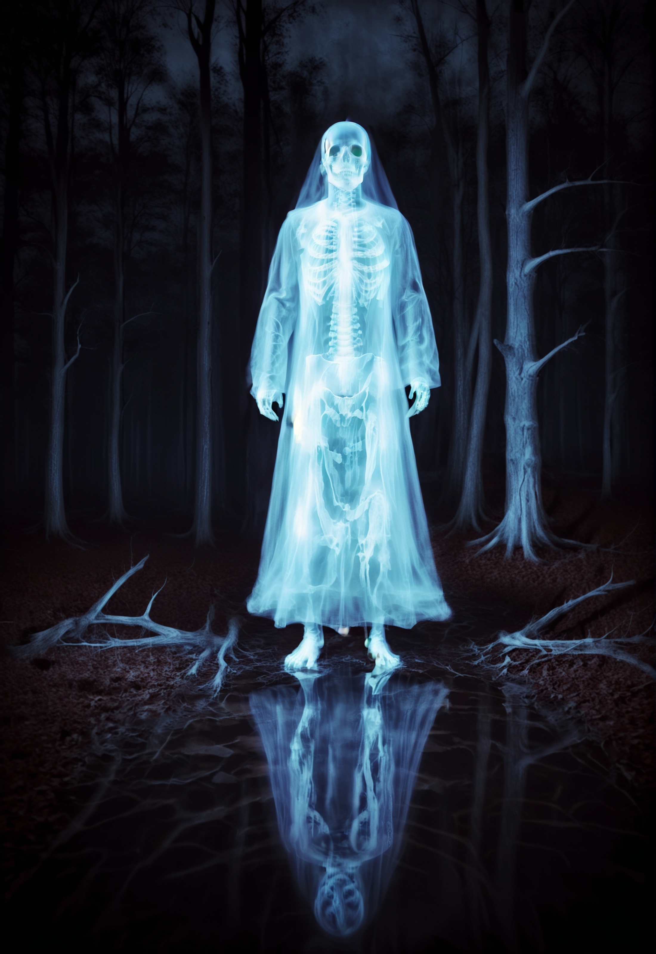 A ghostly figure in a forest, standing in a puddle.