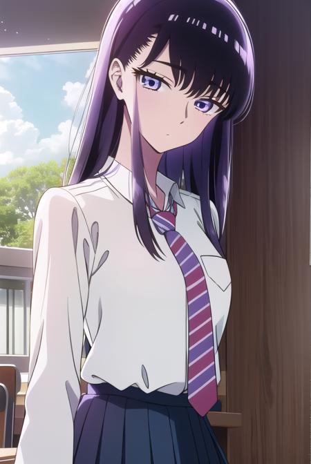 akiratachibana, <lyco:akiratachibana-lyco-nochekaiser:1>,
akira tachibana, long hair, bangs, black hair, (purple eyes:1.1),
BREAK skirt, shirt, school uniform, white shirt, pleated skirt, necktie, striped, collared shirt, blue skirt, striped necktie,
BREAK looking at viewer,
BREAK indoors, classroom,
BREAK <lora:GoodHands-vanilla:1>, (masterpiece:1.2), best quality, high resolution, unity 8k wallpaper, (illustration:0.8), (beautiful detailed eyes:1.6), extremely detailed face, perfect lighting, extremely detailed CG, (perfect hands, perfect anatomy),