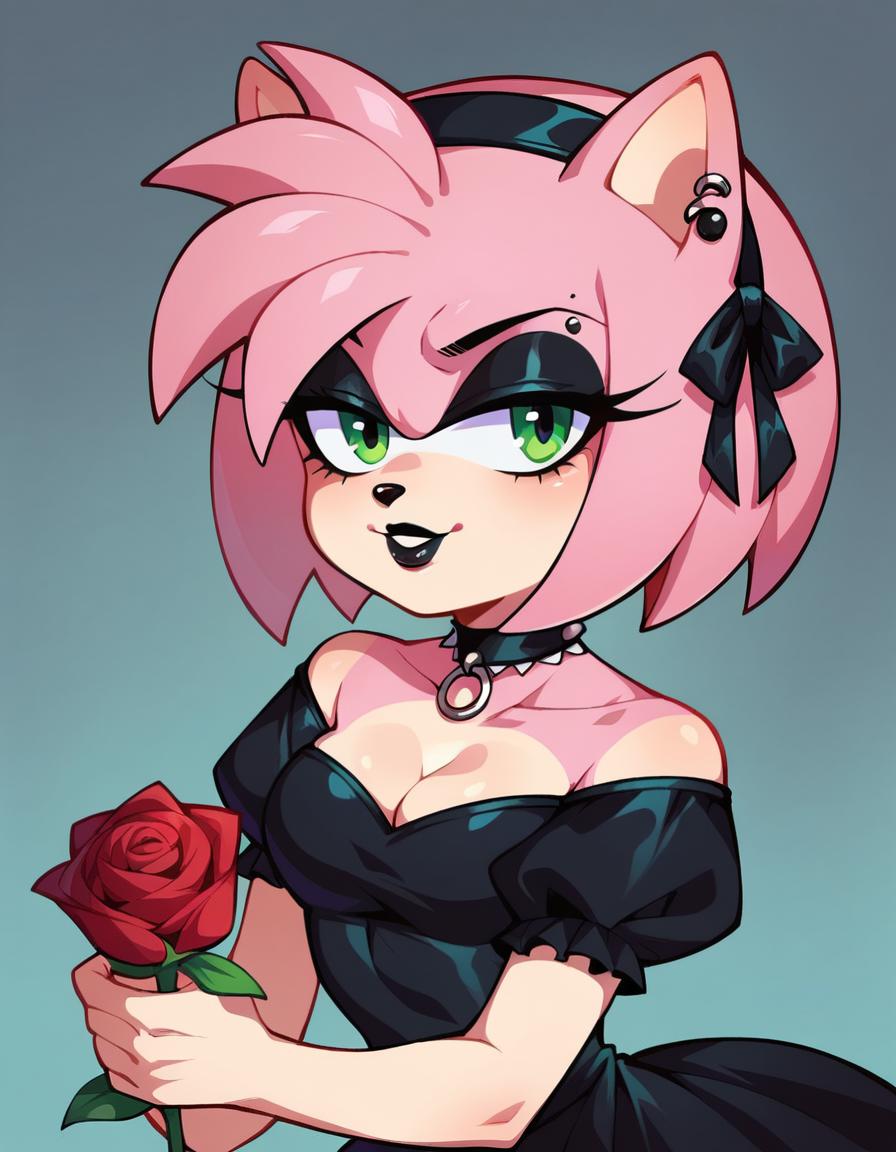 score_9, score_8up,  amy rose (sonic series), 1girl, small breast, goth, black eyeliner, black eyeshadow, gothic black dress, holding a black rose, solo, cleavage, black rose in hair,