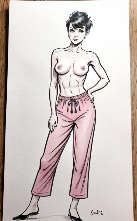 comic dark monochrome watercolor illustration, full body silhouette of a topless woman with small breasts, short pixie hairstyle, her pink palazzo pants are the only splashes of color, color pop, rough ink sketch, looking away, looking at the viewer, moody, gloomy, dark picture, black background, high contrast, stylized
    <lora:epi_noiseoffset2:1> . graphic illustration, comic art, graphic novel art, vibrant, highly detailed