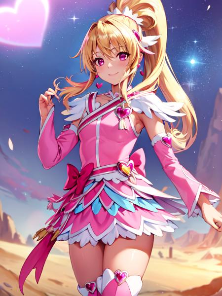 cure heart blonde hair, heart hair ornament, pink skirt, pink sleeves, detached sleeves, boots, heart, hair ribbon, ((pink shorts under skirt)), [[high ponytail]]