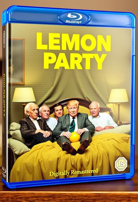A Blueray disc box. Cover is a group of old men in a bedroom with Donald Trump. Title "LEMON PARTY" "Digitally Remastered"