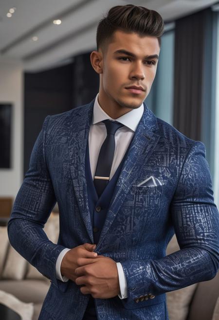 a strong 22-year-old brazillian hunk bodybuilder male, with a fringe up undercut hairstyle, detailed face, mindless expression,  wearing a skin tight navy-blue suit with silver patterns, wearing pants,  on a modern living room, standing at attention pose, looking at viewer, portrait, photography, detailed skin, realistic, photo-realistic, 8k, highly detailed, full length frame, High detail RAW color art, diffused soft lighting, shallow depth of field, sharp focus, hyperrealism, cinematic lighting
