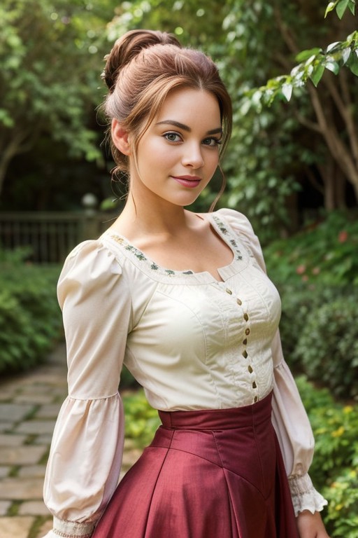 AthMa5TTXV1D,
a beautiful smiling woman posing for masterpiece photo, wearing high-neck cherry-colored victorian casual cl...