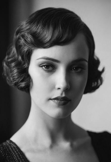 Photograph of a woman from the 1920s, short hair, (finger-weave hairstyle:1.1),posing for a photograph. close-up, black and white, cinematic composition, looking at camera, seductive, soft shadows, grainy,