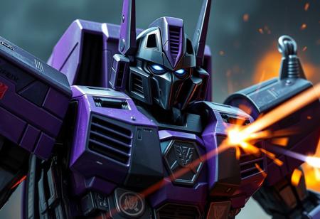 transformers generation 1, robot made of jet parts, scorn, with gorgeous detailed eyes in the style of precisionism, gaston bussiere, a picture, purple and black, jet cockpit on chest, vents, wide focus, action pose, lasers, explosions, decepticon