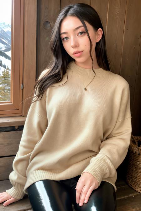 C4llM3Sl0_HM-131, long hair, modern photo, (wearing edgPO pullover, edgPO), <lora:edgPullovers:0.6>, (wearing shiny leggings), (cowboy shot), (35mm, F/2.8) Photo Focus, DOF, Aperture, insanely detailed and intricate, character, hypermaximalist, beautiful, revealing, appealing, attractive, amative, hyper realistic, super detailed, beautiful girl, ((detailed eyes)), long eyelashes, (glossy lips), sitting in the moutain cabin, soft lighting, cosy atmosphere