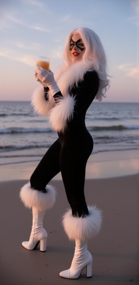 BlackCat, a woman with white hair and a black mask and black bodysuit with white fur, white gloves and white boots.