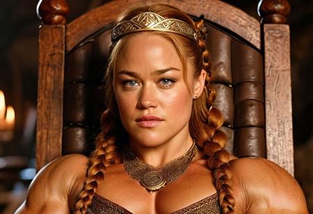 (((masterpiece))),(((best quality))), extreme closeup photo of actress Erika Christensen as an Enormous female bodybuilder woman viking princess. Massive defined bulging muscles. Detailed braided auburn hair. Highly detailed face, detailed skin, detailed eyes, wearing a medieval era viking dress and jewellery, sitting on the throne in a viking longhouse, detailed and intricate environment, global illumination, (photorealistic), 8k uhd, natural lighting, raw, rich, intricate details, key visual, atmospheric lighting, bokeh, professional, highly detailed