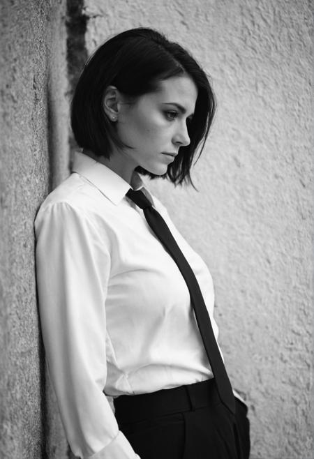 (black and white), (portrait), (closeup), (stern look), maskuline 25 years old  woman, flat breasts, black jacket, open white shirt, black tie,  (looking down at her chest), leaning at wall, short raven bob, (cinematic), bokeh,  (film grain)