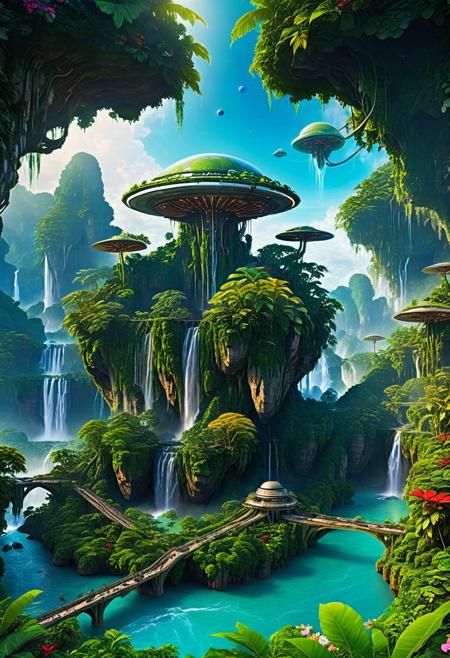 an incredible and futuristic space base resting on an island floating in space, stunning photos, bridges connecting the islands, waterfalls, lush vegetation, flowers and alien plants, 8k, raw photo, masterpiece, intricate details,