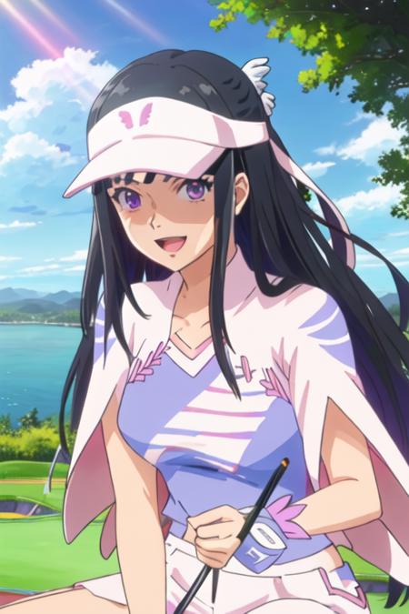 best quality, masterpiece, highres, solo, {amawashi_aoi_birdiewinggolfgirlsstory:1.15}, long_hair, black_hair, purple_eyes, smile, visor_cap, day, blue_hair, 1girl, open_mouth, outdoors, sky, bangs, looking_at_viewer, sunlight, :d, anime_coloring