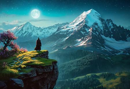Hyper realistic artwork Capture the essence of mystical landscape a person standing on top of a cliff, trending on Artstation, nagash editorial, dark atmosphere pinterest, an arcane wizard casting a spell, dan mumford.
In a land where time danced to the whispers of ancient trees and castles, there existed a meadow bathed in morning dew. Wildflowers, their petals delicate as dreams, adorned the grassy canvas. Beyond this mystical haven, snow-capped peaks kissed the stary night sky, gigantic moon promising a new day filled with wonder and adventure.  dark Photography, a landscape , darkness, bokeh blur background, award winning, photo-art, , Canon DSLR, Backlight, Artstation, Photography, stvmccrr style,  
,( lighting, dark palette, highly professional, dramatic lighting, extremely beautiful:1.6), ((intricate details, masterpiece, best quality:1.6)),
, Vibrant, dynamic,  highly detailed, reminiscent ,  , dynamic pose
 in the style of Mikko Lagerstedt
 8 k octane render, concept art | rutkowski, ghostly necromancer, fantasy card game art