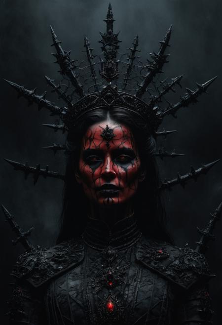 Undead queen portrait, spiked crown of hellfire, glowing red eyes, hyper-realistic digital art, by Brom:
Ultra-detailed digital painting of a corpse-pale queen. Elaborate crown of blackened metal spikes, each tip flickering with hellfire. Eyes blaze with intense red light, pupils like dying stars. Skin texture meticulously rendered, showing decay and otherworldly preservation. Dark, tattered royal garments with intricate, shadowy patterns. Background of smoldering brimstone and distant, tortured souls. Brom's signature style of gothic horror mixed with dark fantasy elements.