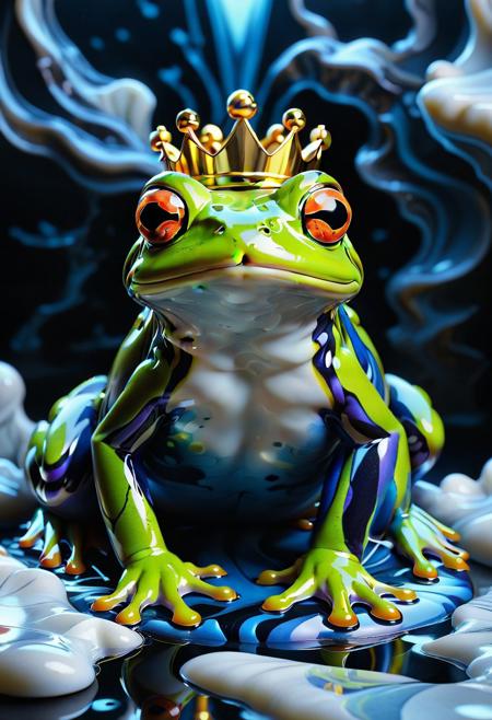 Ultrarealistic. sharp focus, dynamic lighting. play of light, Raytracing, Ultra detailed. (((Liquid Marble style))). A king frog made of Liquid Marble.king crown