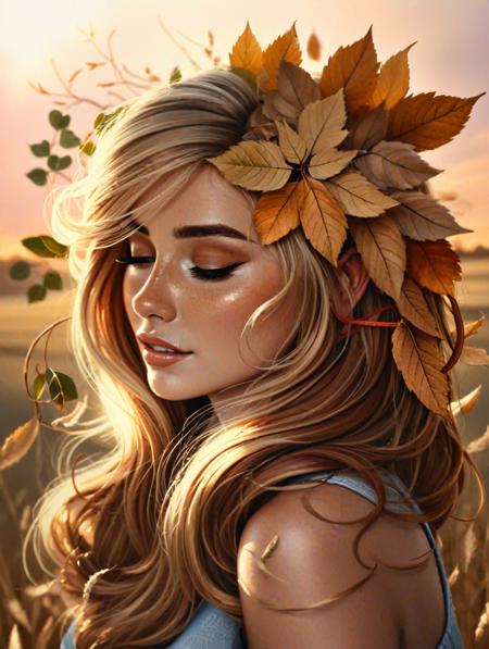 illustration of a beautiful blond woman with leaves on the hair, closed eyes, peaceful, detailed, high quality