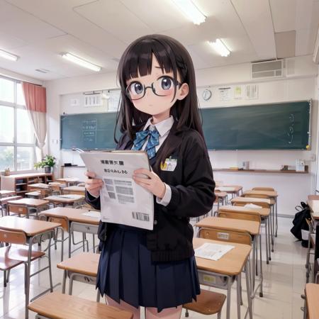 best quality, ultra-detailed, illustration,
kyoshitsu, classroom, scenery, chalkboard, window, school, indoors, clock, sunlight, school desk, bulletin board, shade, curtains, school chair, ceiling light, shadow, artist name, book, ceiling, day, paper, 
,1girl, glasses, black hair, long hair, black eyes, school uniform, blush, looking at viewer, standing,
 <lora:kyoshitsu_SD15_V3:0.8>