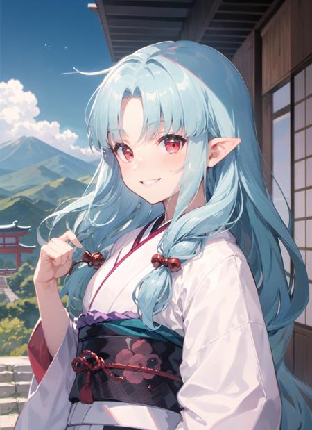 <lyco:kiriha1-000002:1.0>, kirihadef, upper body, smile, blush, outdoors, day, simple background, blue sky, sky, temple, looking at viewer, stairs, mountain, moody lighting, facing viewer,