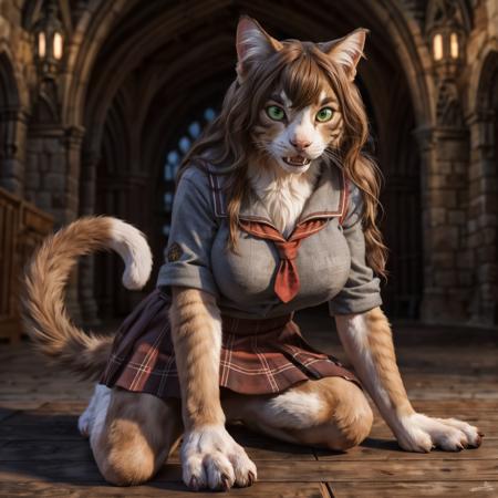 (full body image), detailed Hogwarts setting, warm lighting, (solo:1.3),
BREAK, staring into the camera, Emma Watson, (transformation, species transformation:1.3) into (cat), feral transformation, brown fur, muscular, lean build, long thin tail, (bright green eyes, slit pupils) (long brown hair, wavy hair), cat snout, feline teeth, fangs, embarrased, shocked, (blushing, rosy cheeks), (realistic fur, hairy fur, wiry hair over body, fur over body, detailed fur texture), (wearing a torn grey and [red] school uniform with red embroidery), large breasts, claws, paws, black paw pads