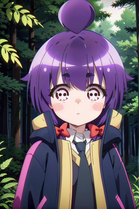 yayoi_hozuki short purple hair with bangs red eyes long sleeved jacket 