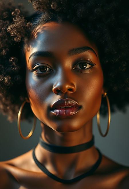 (masterpiece:1.4), (beautiful lighting:1.1), up close, portrait shot of a beautiful brown sugar skinned Milf with 2 amber afro puffs that's looking at the Viewer she has chestnut brown lipstick and faintly glowing amber eyes and wearing a thin black choker and blushing
